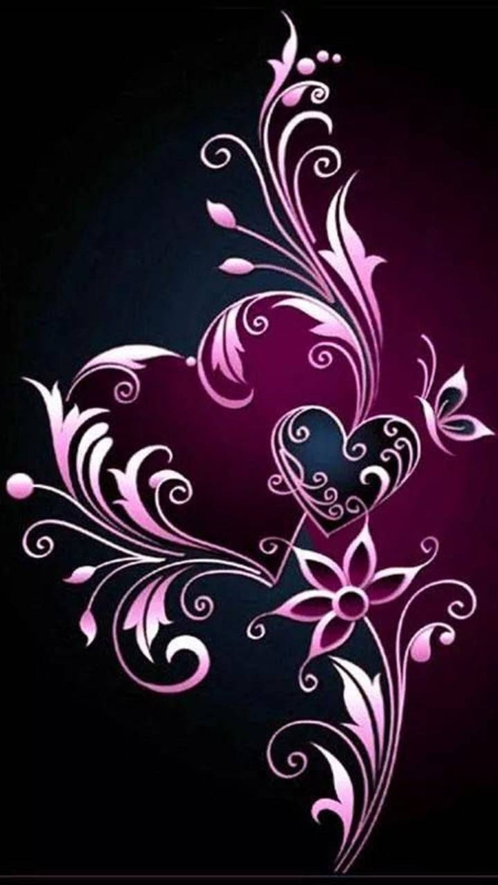 A heart shaped flower with swirls and hearts on a black background (mouse, cartoons)