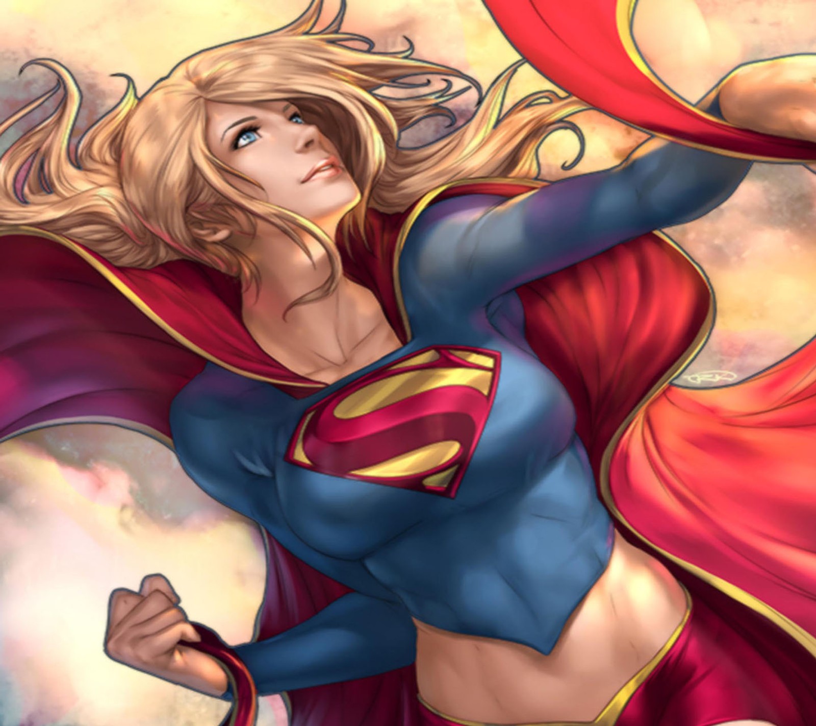 A woman in a superman costume flying through the air (girl, super)