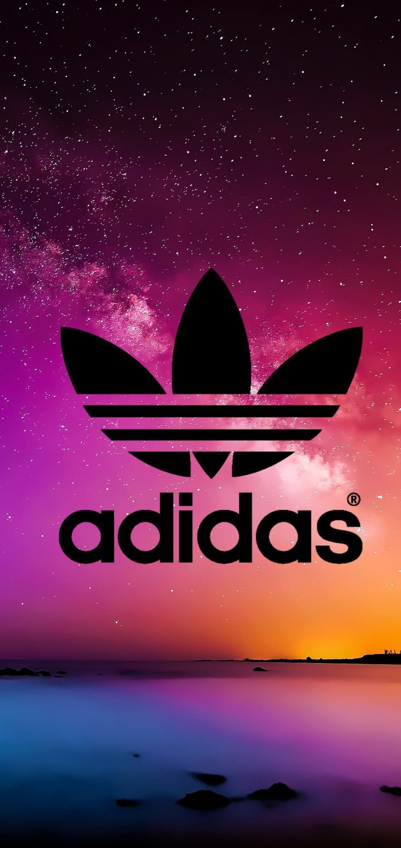 Логотип adidas на фиолетовом и синем фоне со звездами (adidas wallpaper, галактика)