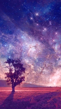 galaxy, sky, space, stars, tree