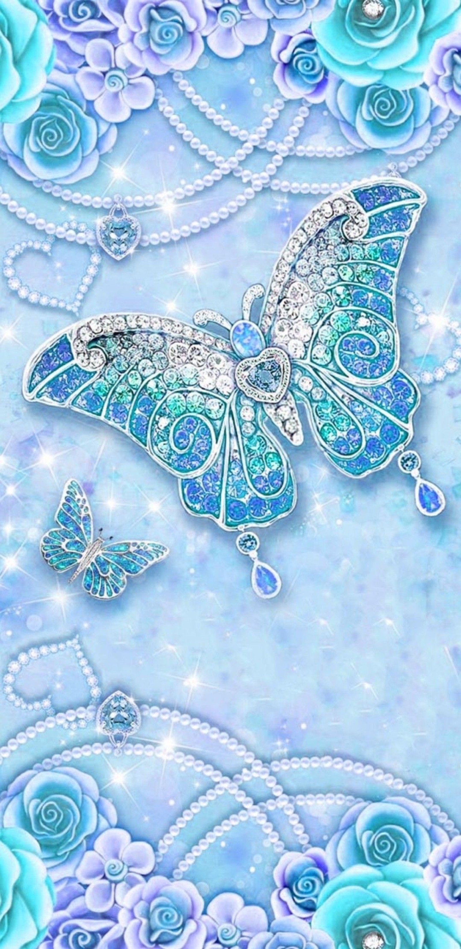 A close up of a butterfly and flowers with pearls (butterflies, flowers, glitter, hearts, pretty)