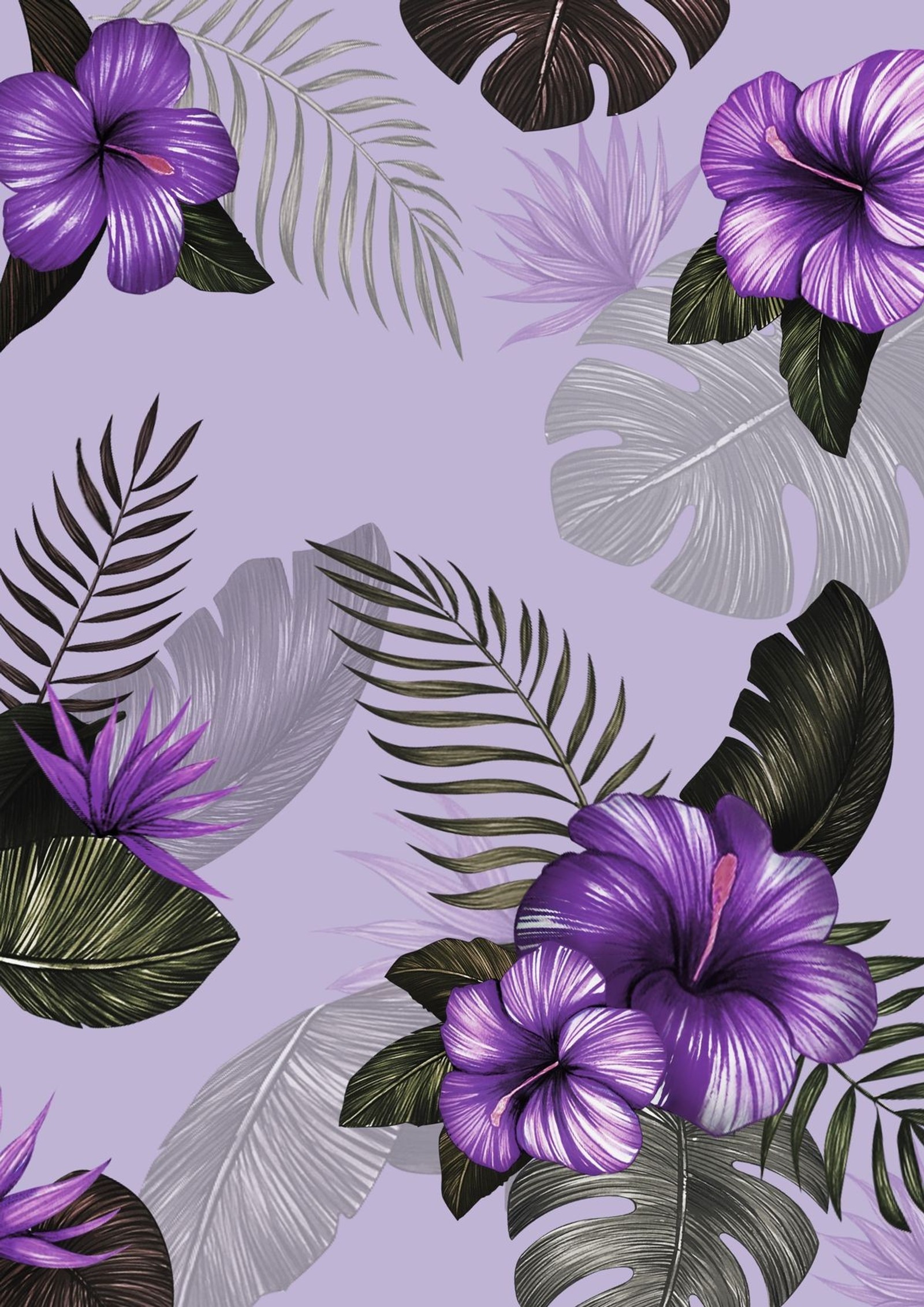 Purple and green tropical flowers and leaves on a purple background (flowers, green, nature, purple)