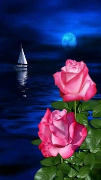 Mondlichtsee mit rosa Rosen und Segelboot