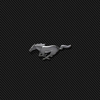 Emblema de Mustang prateado em um fundo de fibra de carbono preto.