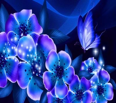 abstract flowers, blue butterfly