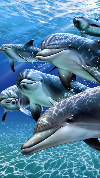 Une famille joyeuse de dauphins nageant ensemble dans des eaux bleues vibrantes.