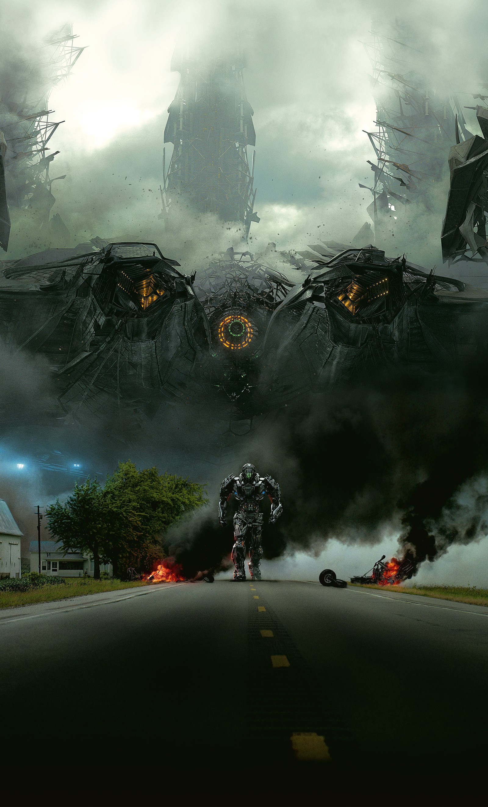 Pôster do filme transformers com um robô gigante no meio da estrada (arte, extinção, fantasia, fogo, arma)