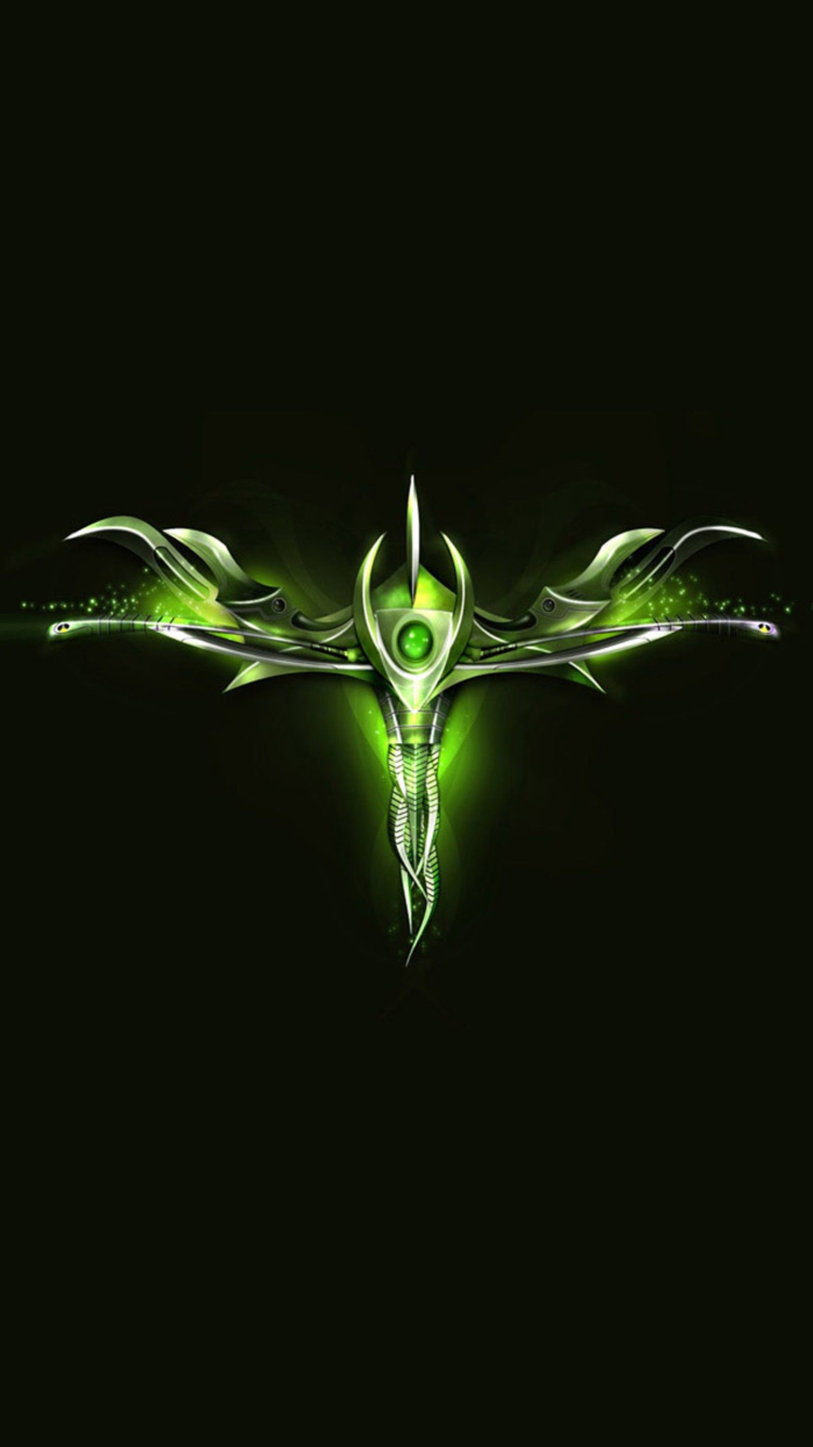 A green glowing bird with wings on a black background (arts, gree)