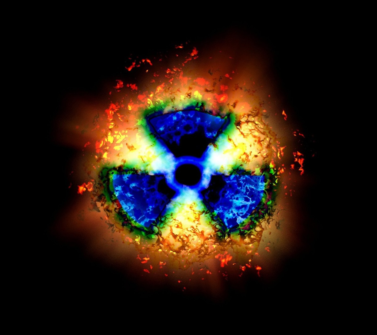 A close up of a bright blue and yellow star surrounded by red and yellow dust (biohazard, radioactive)