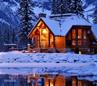 blue, house, lake, mountain, snow