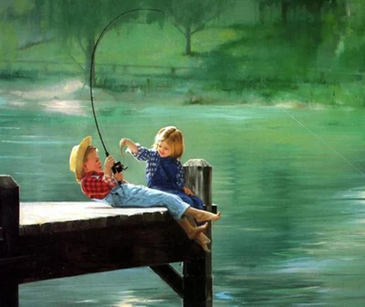 mejor amigo, niño, pesca, niña, pintura