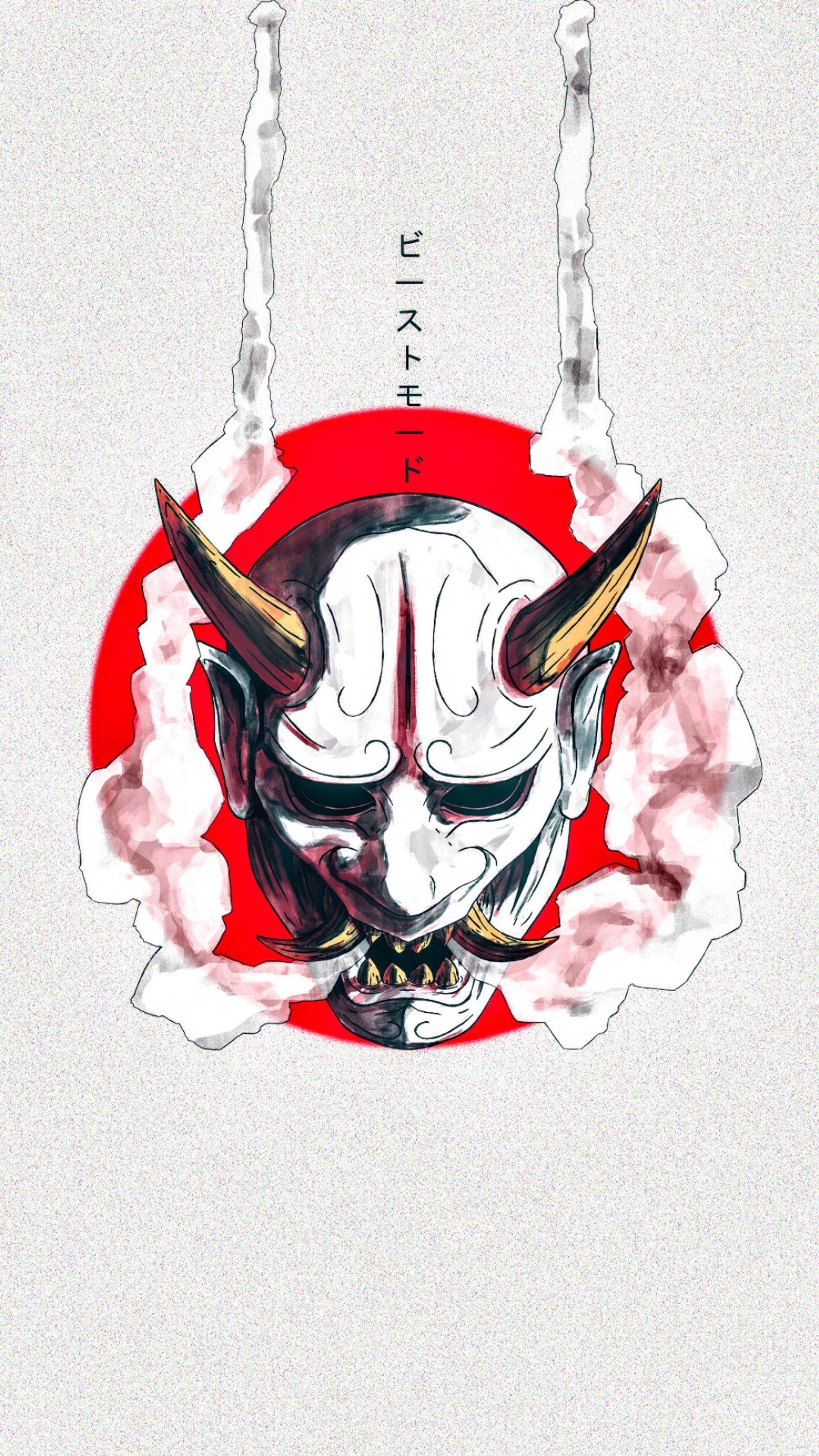 A close up of a drawing of a demon mask with a red circle (japanese, oni, scary, the)