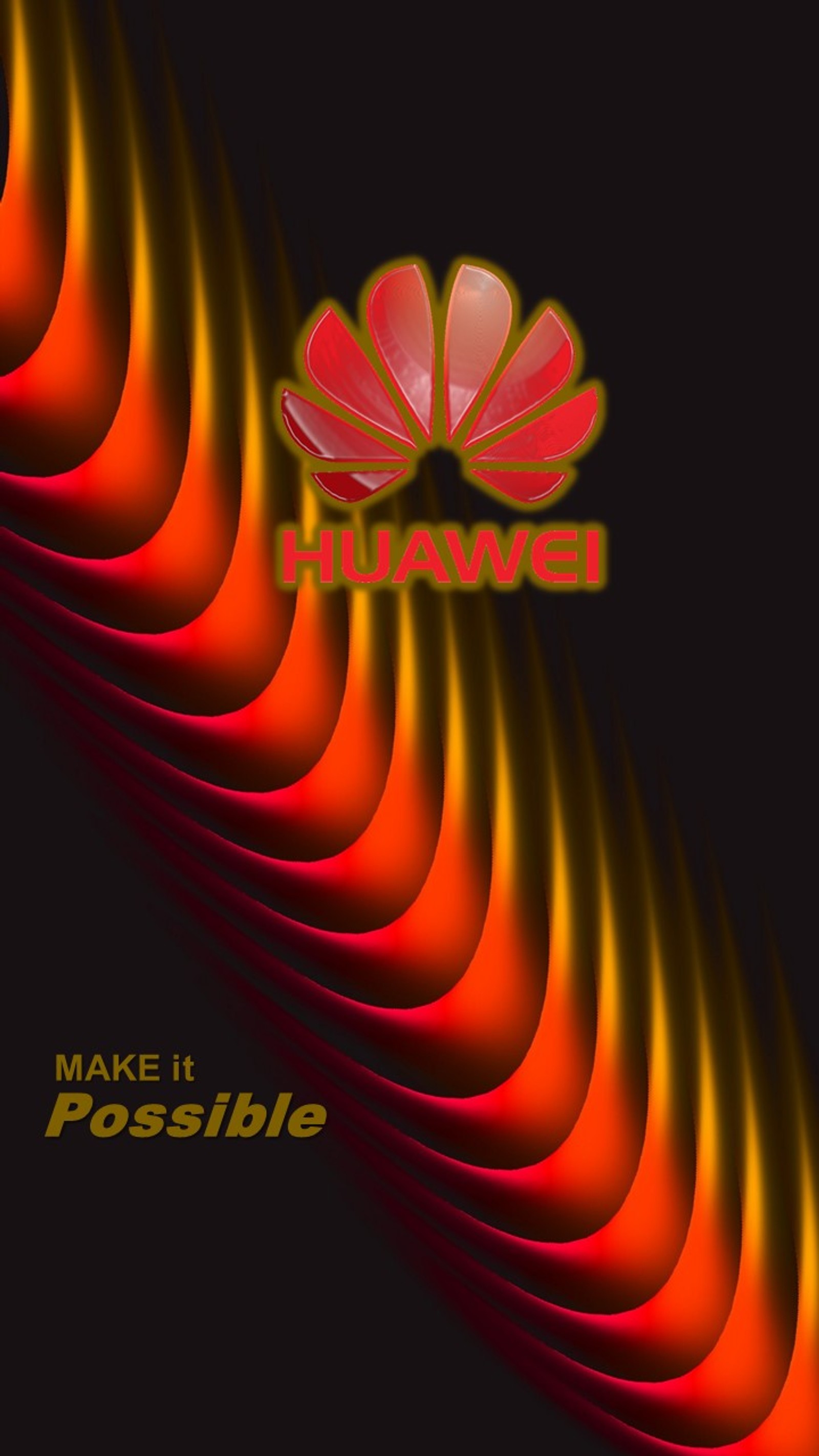 A close up of a red and yellow logo on a black background (huawei, slugs)