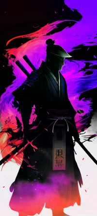 Silhouette of a Samurai Amidst Vibrant Purple and Magenta Swirls