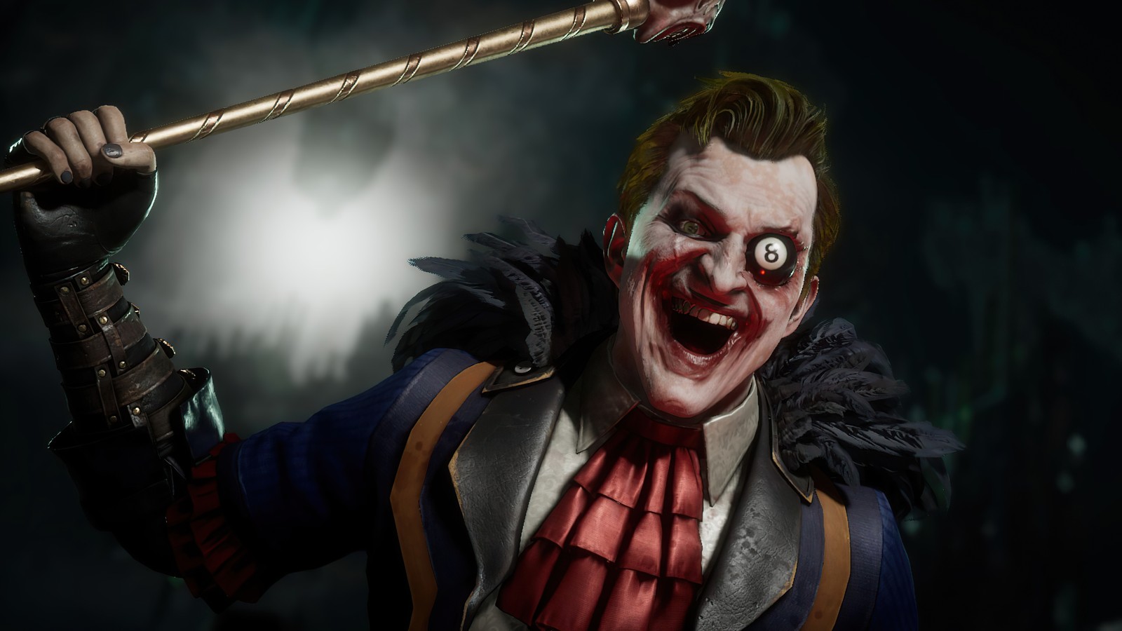 Крупный план человека, держащего биту в темной комнате (джокер, joker, mortal kombat 11, mk11, видеоигра)