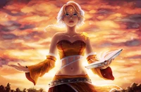 Fantasy Warrior Woman Harnessing Magic at Dusk