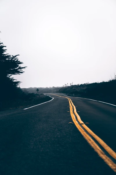 Carretera sinuosa bajo un cielo brumoso