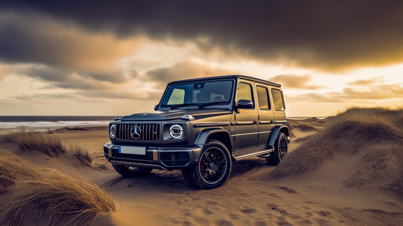 Коричневый mercedes g-класса, припаркованный на песчаном пляже (мерседес бенц amg g 63, mercedes benz amg g 63, пляж, g wagon, 5k)