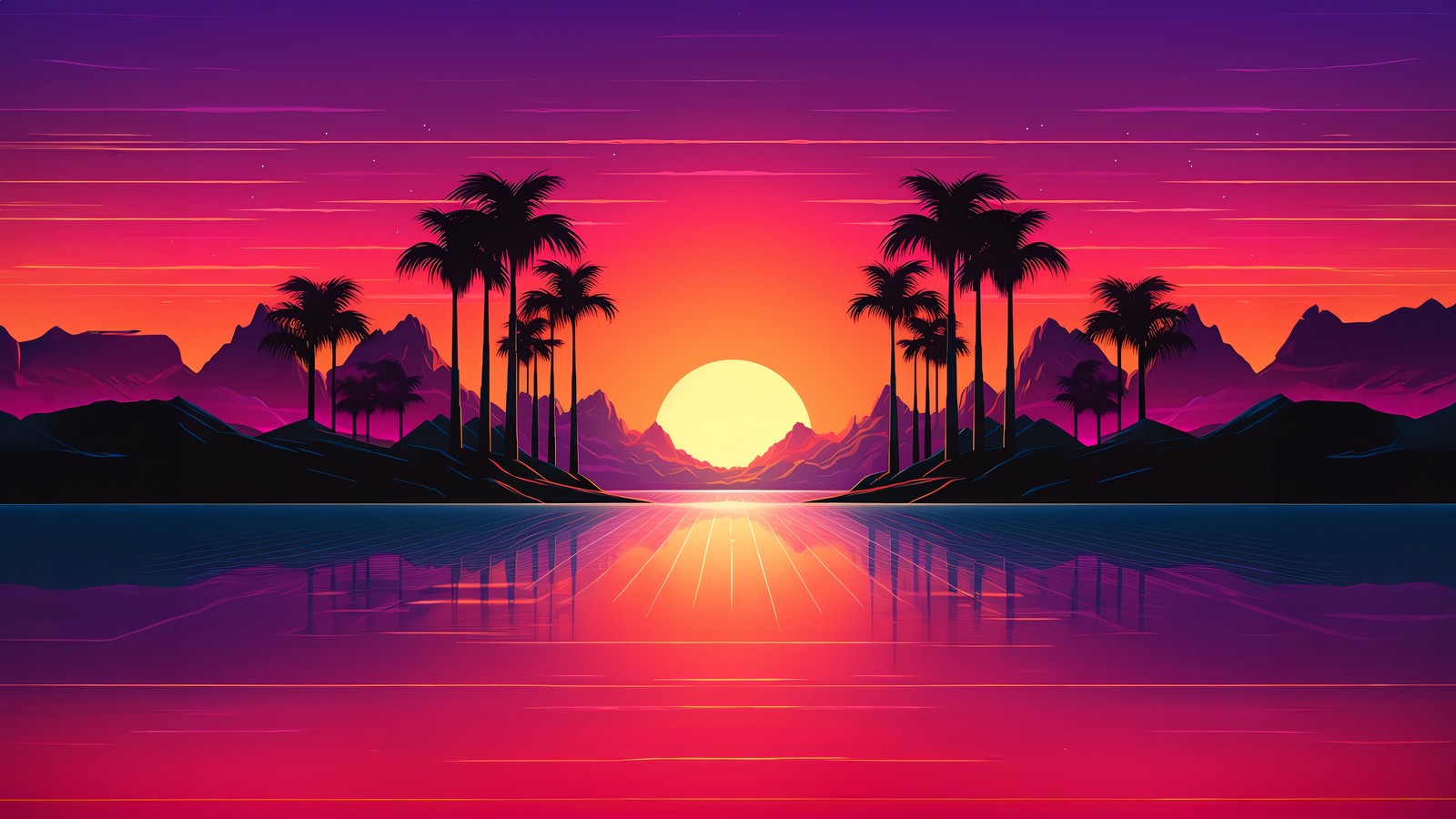 Uma cena de pôr do sol com palmeiras e montanhas ao fundo (por do sol, palmeira, retrowave, synthwave, arte digital)