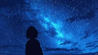 Silhouette d'une fille d'anime regardant un ciel nocturne étoilé rempli d'étoiles tourbillonnantes et de nuages.