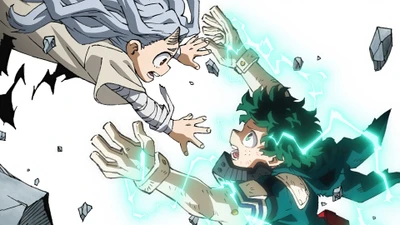 Eri e Izuku Midoriya en un momento dramático, mostrando sus poderes en medio de un fondo caótico en Mi héroe academia.