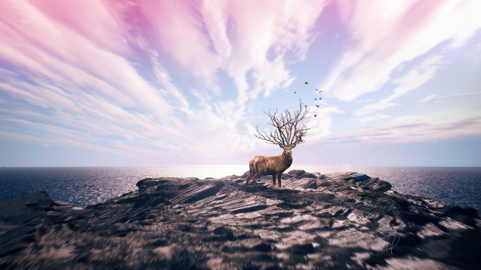 A deer standing on a rock with a tree in its mouth (deer, animals, scenery, clouds, sea)