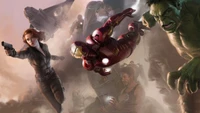 Scène de bataille dynamique mettant en vedette les Avengers de Marvel : Iron Man, Hulk et Black Widow