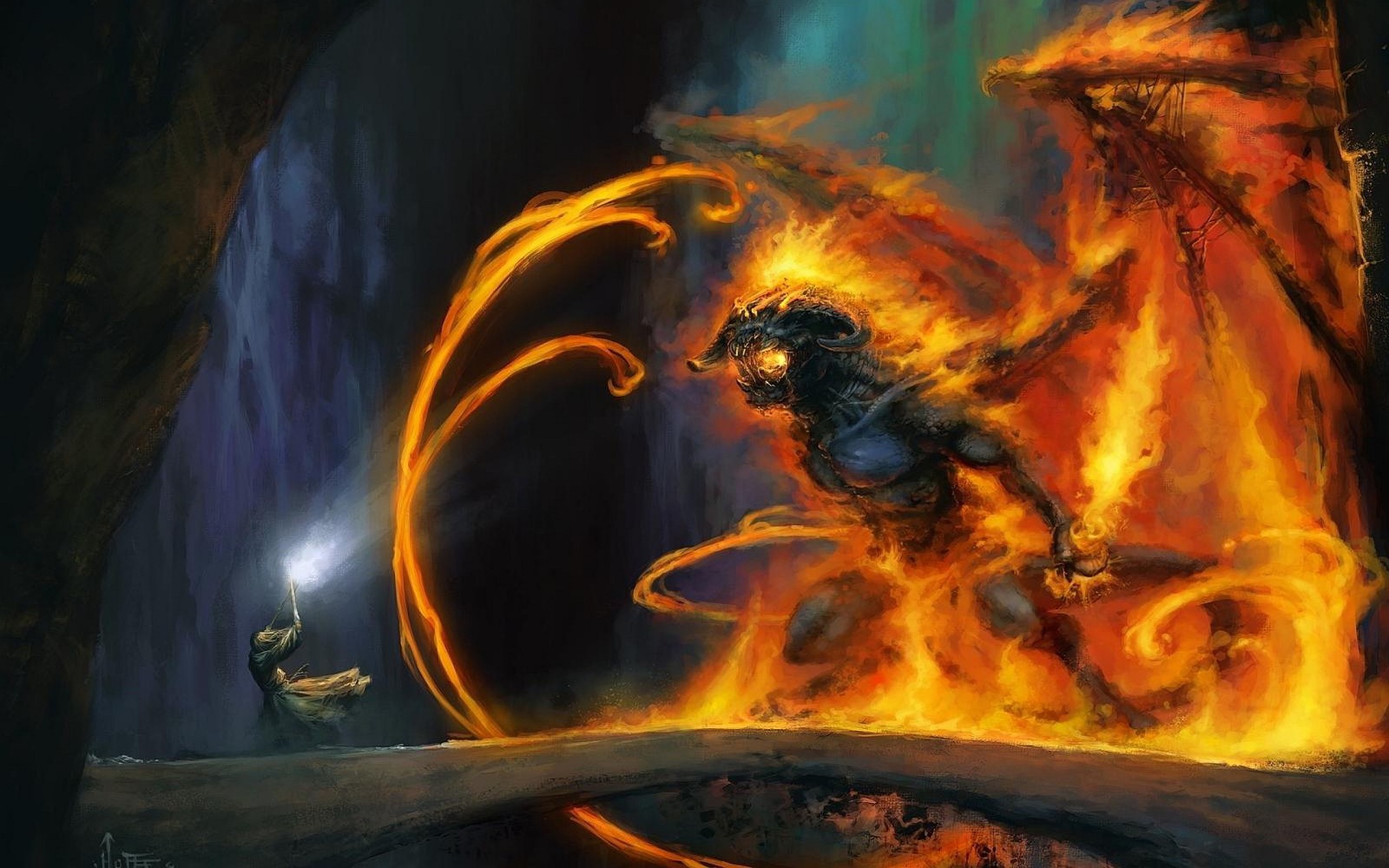 Una pintura de un hombre montando un caballo con fuego en la mano (gandalf, balrog, el señor de los anillos, the lord of the rings, llama)