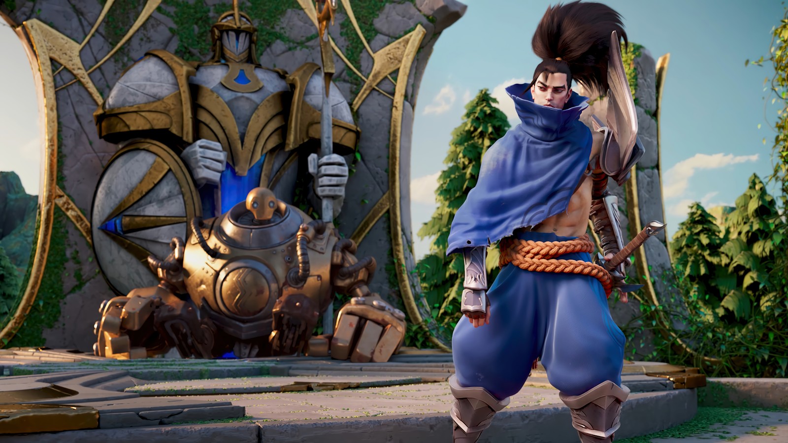 Ein mann in einem blauen outfit, der vor einer riesigen statue steht (league of legends wild rift, lol wild rift, league of legends, lol, videospiel)