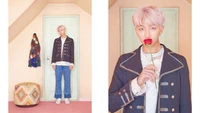 Kim Namjoon of BTS in a stylish outfit, holding a rose, set against a pastel-colored background.