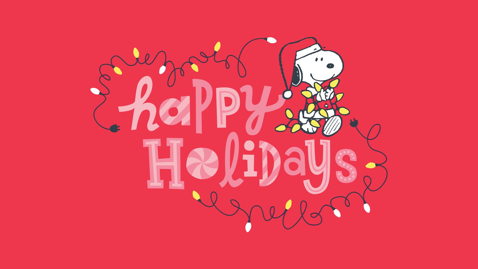 A snoopy christmas card with a red background and a white dog holding a christmas tree (snoopy, happy holidays, christmas decoration, string lights, red background)