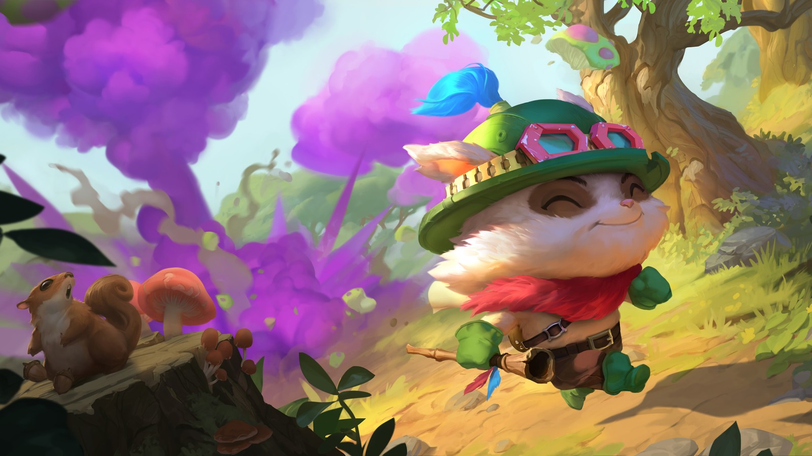 Un chat avec un chapeau et une écharpe volant dans les airs (teemo, lol, league of legends, legends of runeterra, jeu vidéo)