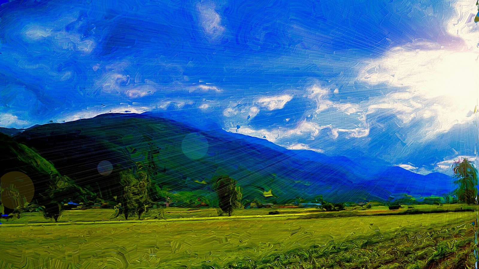 Painting of a field with a mountain in the background (painting, landscape painting, nature, green, mountainous landforms)