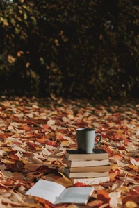 Naturaleza muerta acogedora: hojas de otoño, libros y una taza caliente