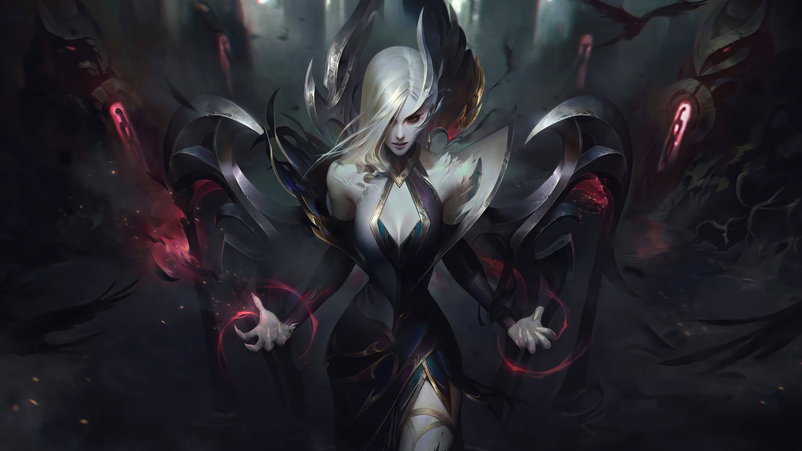 Eine frau mit einem schwert in einem dunklen wald (coven, morgana, kunstwerk, lol, league of legends)