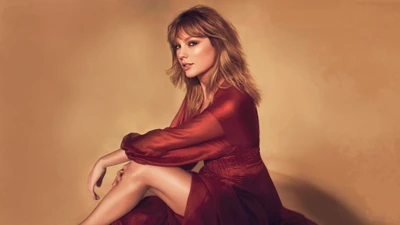 Taylor Swift en una pose llamativa, vistiendo un vestido rojo fluido contra un fondo dorado y cálido.