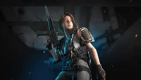 Dynamic female character in tactical gear wielding an assault rifle, set against a dark, action-packed backdrop.