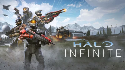 Dynamic scene showcasing elite soldiers in futuristic armor, featuring advanced weaponry and a rugged landscape, embodying the essence of "Halo Infinite.