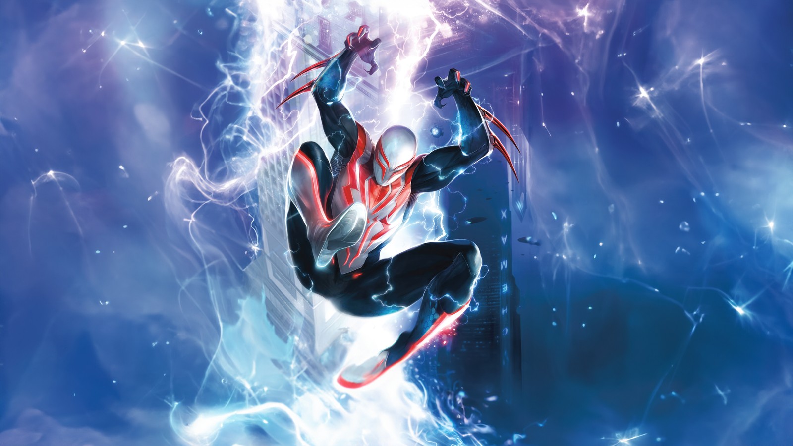 Spider-man volant dans les airs avec un costume rouge et noir (spider man 2099, 5k, super héros marvel, marvel superheroes, spiderman)