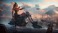 Ahsoka Tano on a speeder bike overlooking a futuristic cityscape in a Star Wars setting.