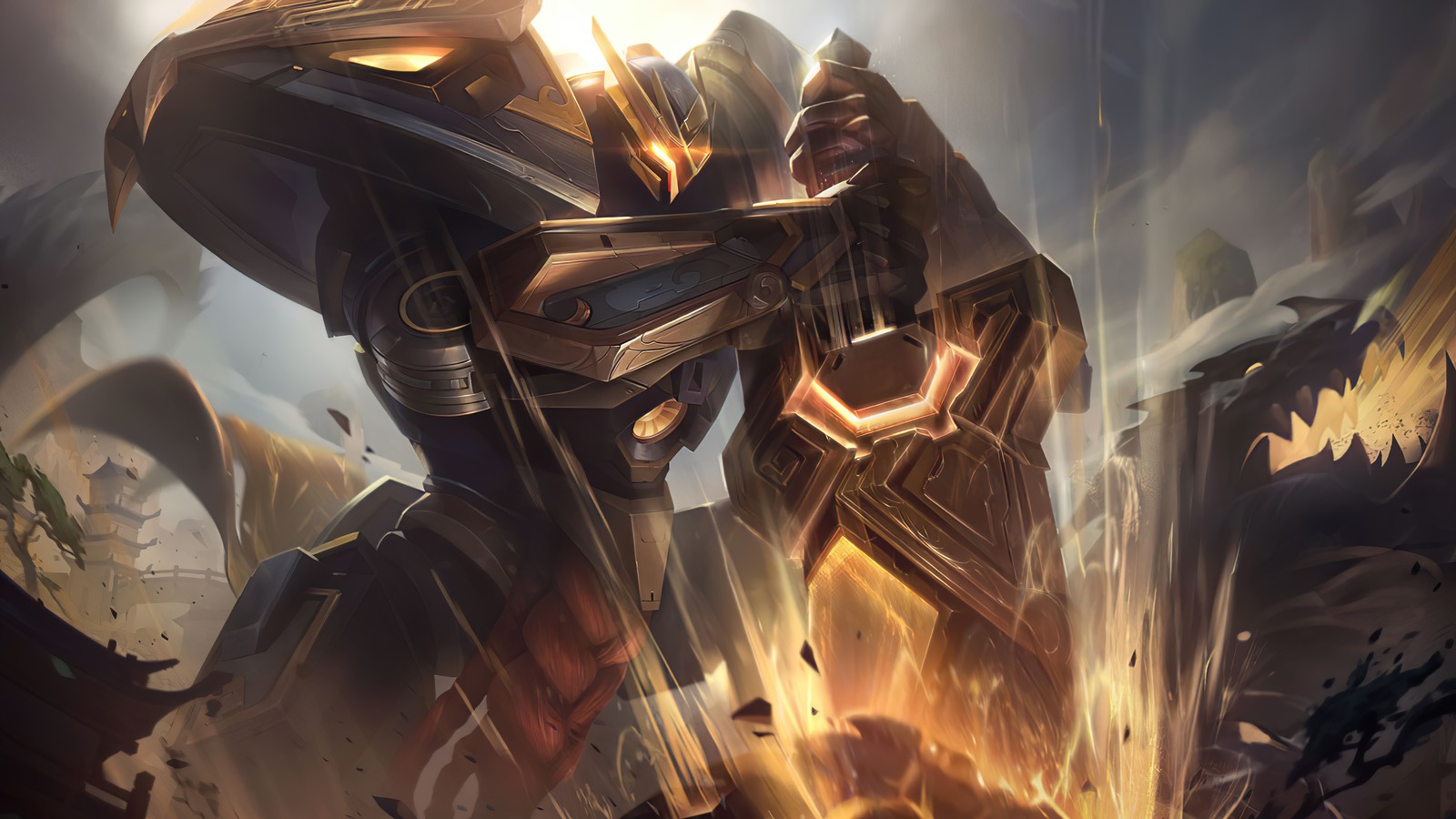 A close up of a robot with a sword in its hand (mecha kingdoms, garen, prestige edition, splash art, league of legends)