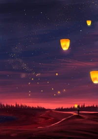 Serene Landscape at Dusk with Floating Lanterns Under a Starry Sky