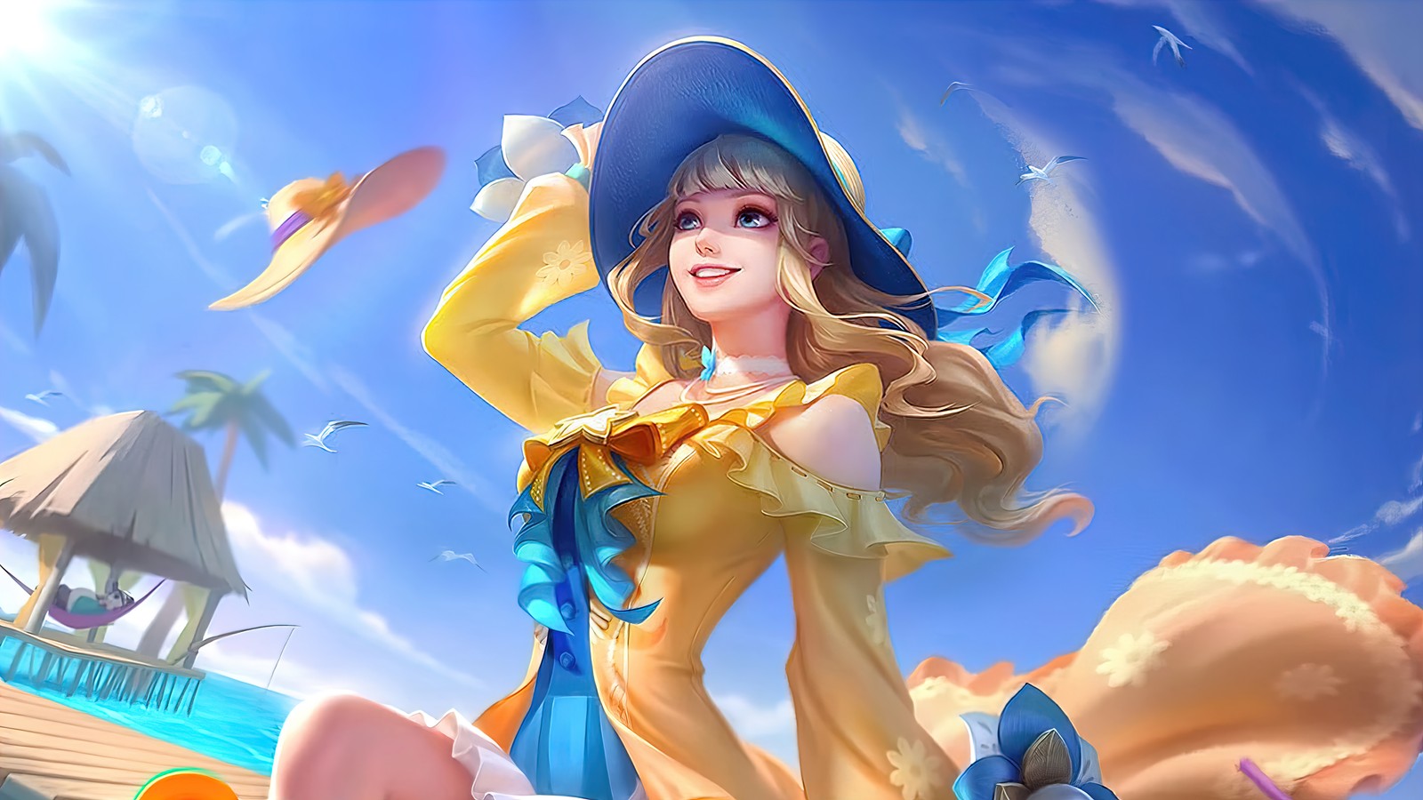 Un gros plan d'une femme en robe jaune et chapeau (guenièvre, summer breeze, mobile legends, bang bang, ml)