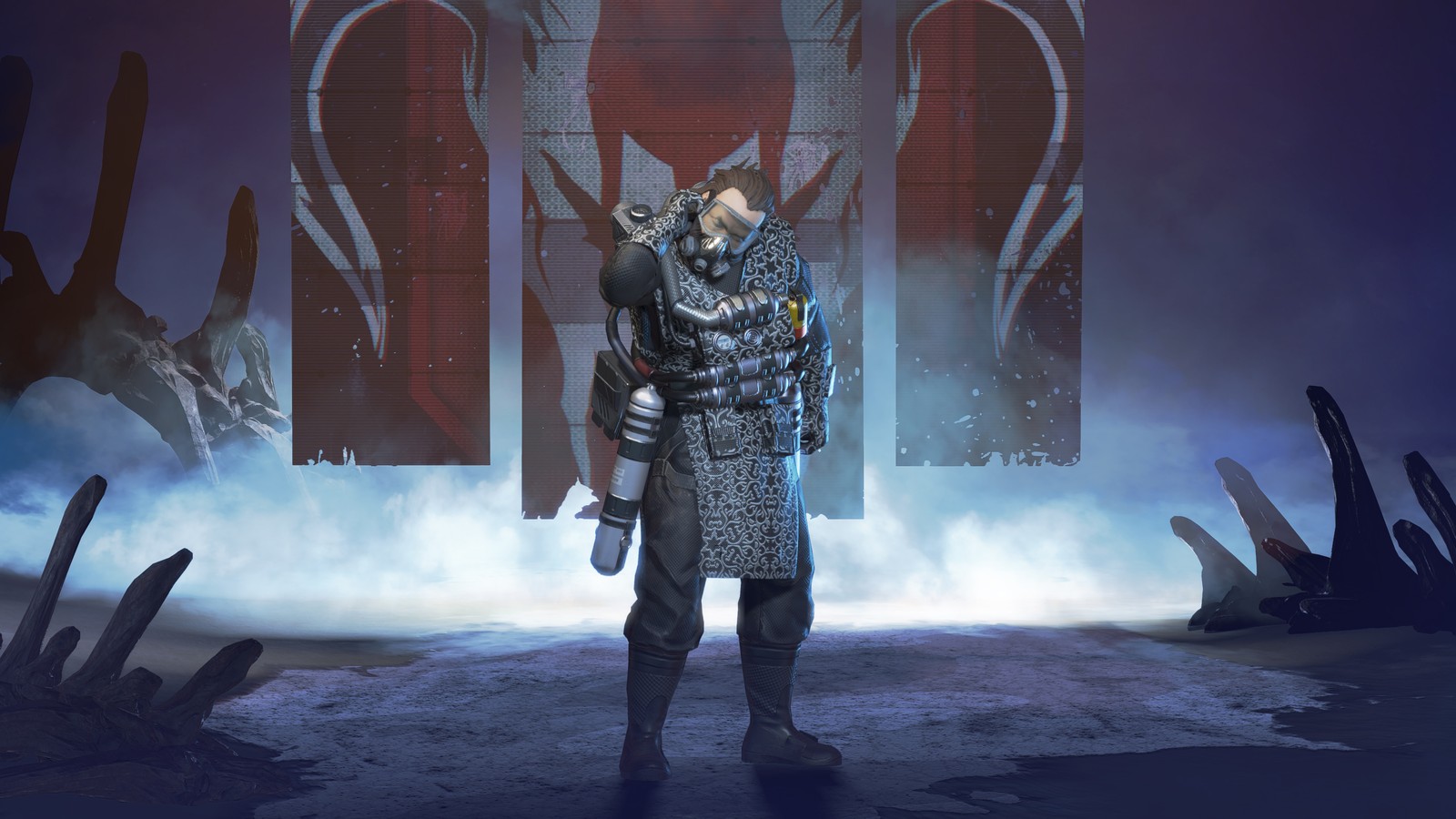 A man in a black outfit standing in front of a red and white banner (apex legends, video game, caustic)