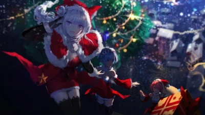 Anime Christmas Celebration with Santa Girls and Festive Tree