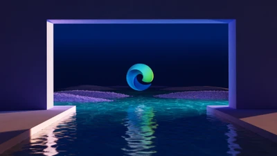 Paisaje nocturno surrealista con el logo de Microsoft Edge en tema oscuro