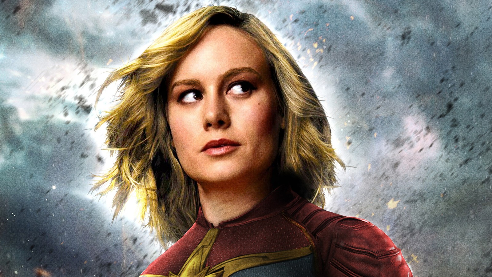 Eine frau im captain marvel kostüm steht vor einem sturm (captain marvel film, film, brie larson, captain marvel, carol danvers)