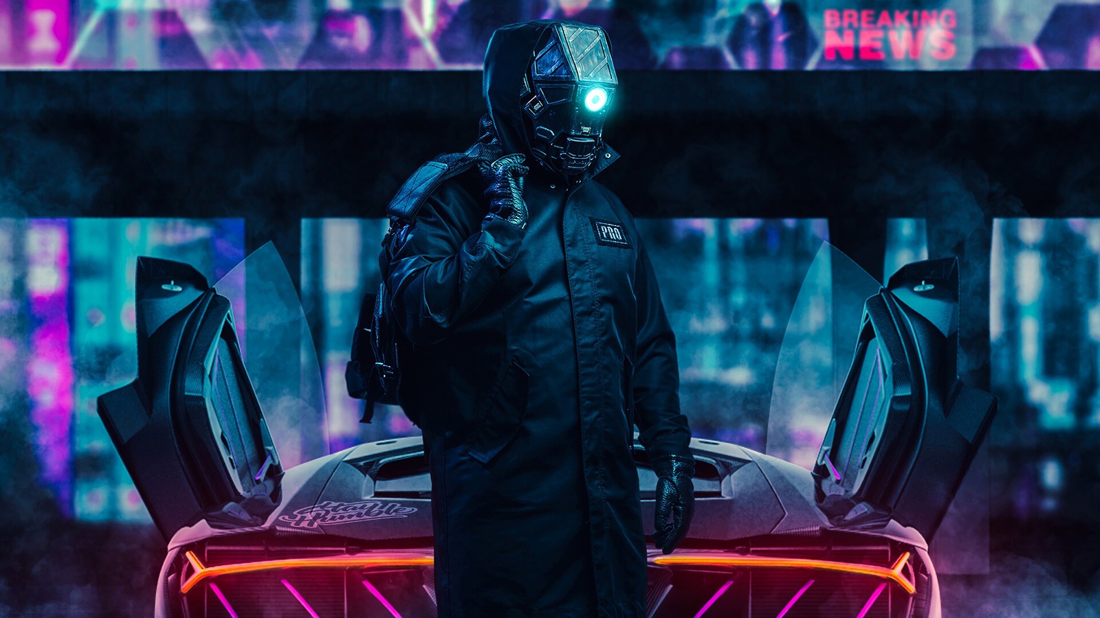 Ein mann in einer gasmasken steht neben einem auto (cyberpunk, auto, sci fi)