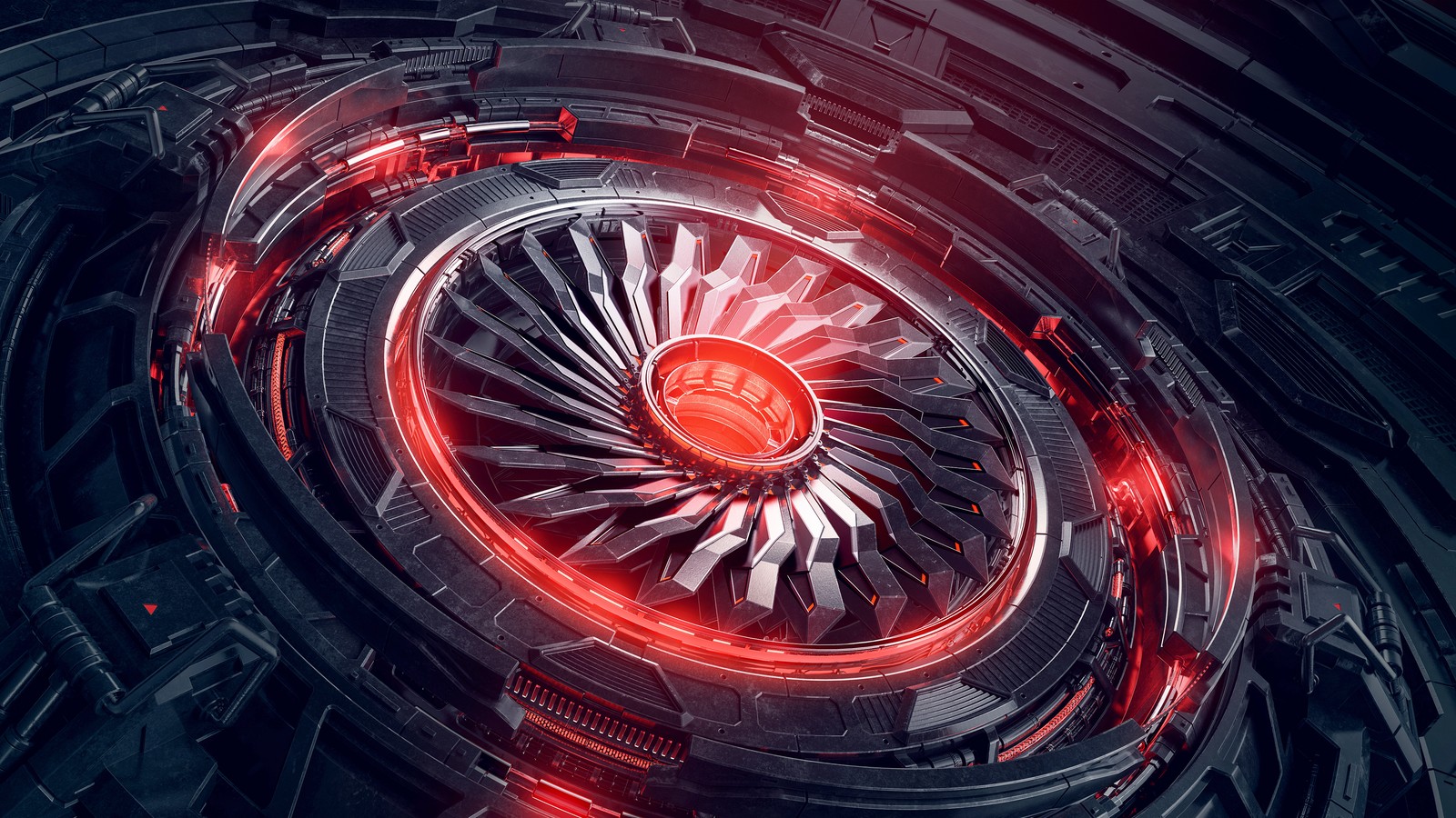 A close up of a futuristic spiral design with red lights (futuristic, 3d render, metal structure, abstract, 4k wallpaper)