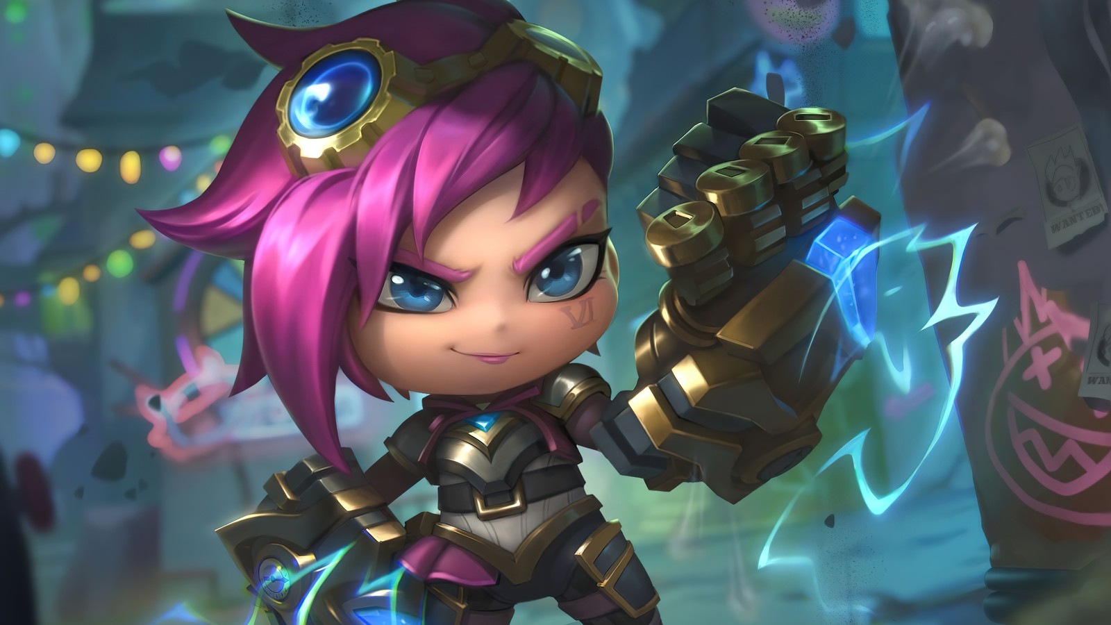 Uma menina com cabelo rosa e traje roxo segurando uma arma (vi, league of legends, lol, jogo de vídeo, chibi)